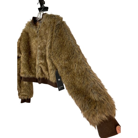 NWT Free Haven Faux Fur Crop Jacket Size S Polyester Brown RII10591 - Picture 2 of 8